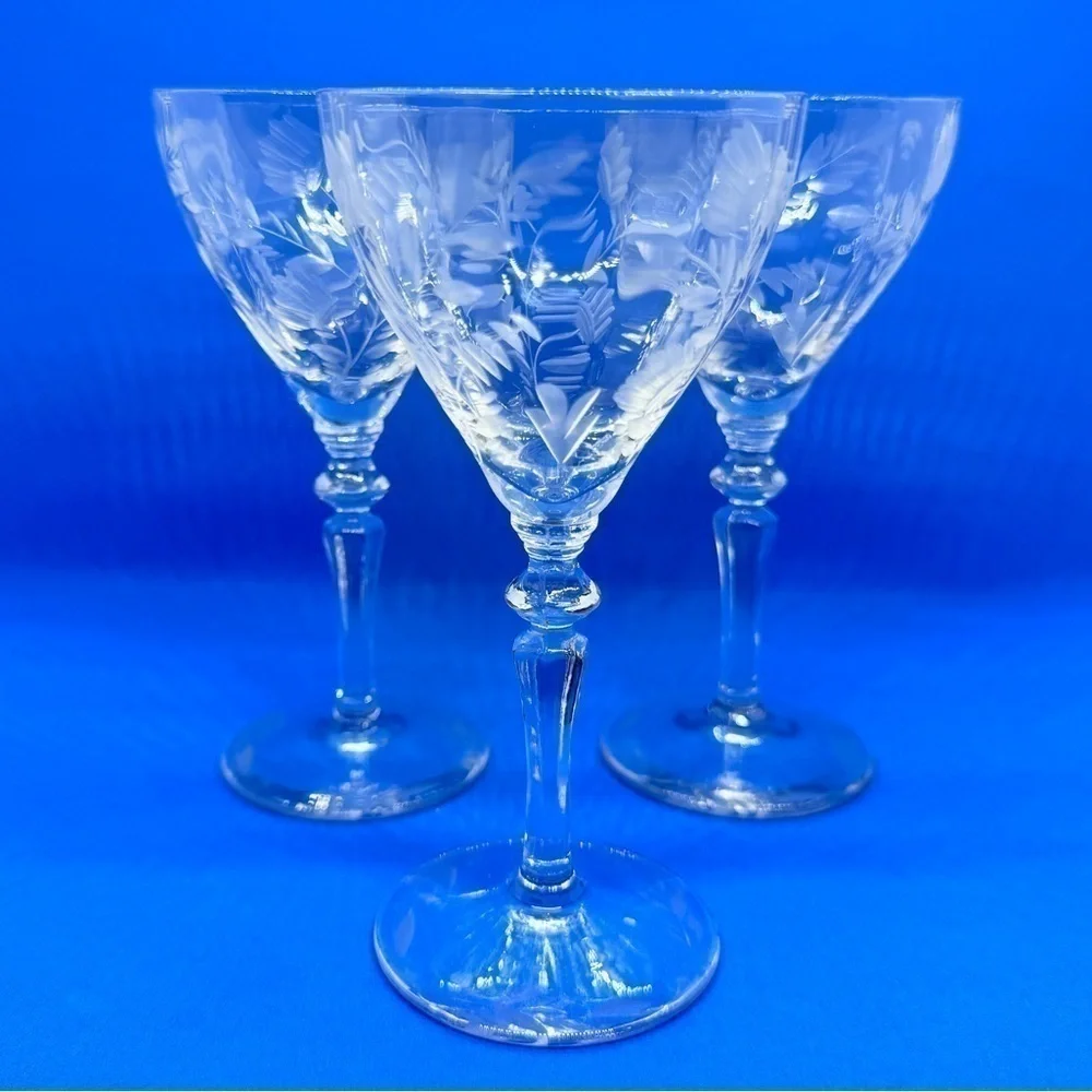 Vintage Optic Etched Floral Cordial Glasses Set of 3